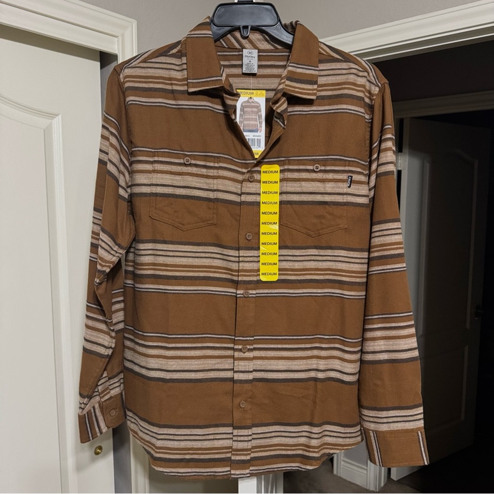 Hurley Men's Brown and Cream Striped Button Down Shirt